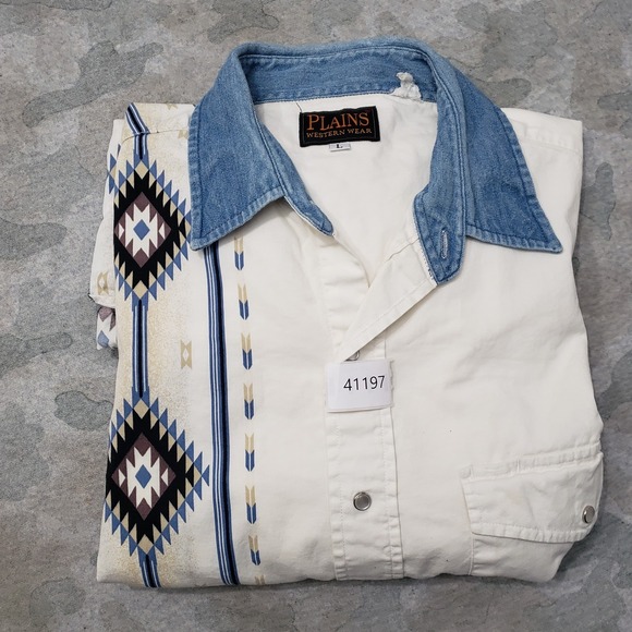 Plains Western Wear Shirt Mens Large White Pockets Pearl Snap Short Sleeve Aztec - Picture 10 of 10